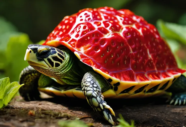 Turtle eating a strawberry