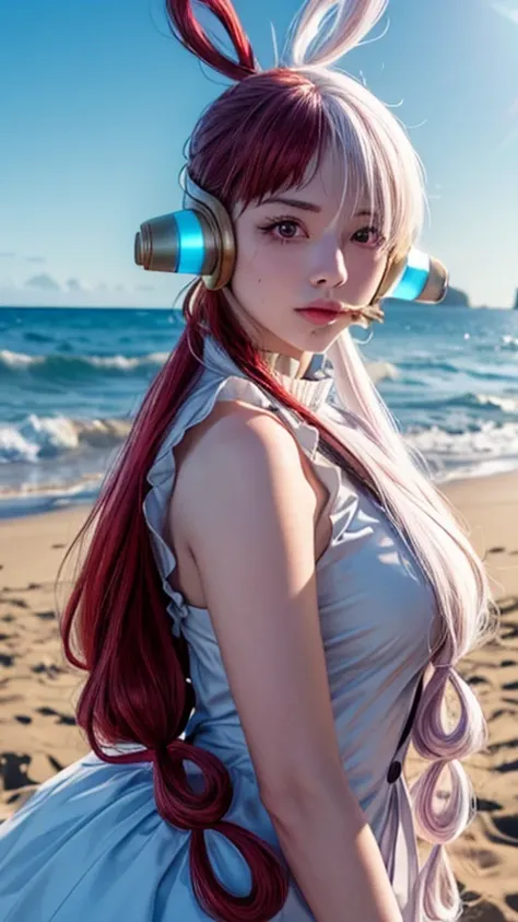 masterpiece Uta, one piece (set), Anime art style, masterpiece, setเดรสสีขาวหรูหรา, Long red and white hair, One Woman, alone, earphone, conjunctivitis, Looking at the audience, Beautiful Face, Detailed face, gag, photograph: Intermediary, Elbow and wrist,...