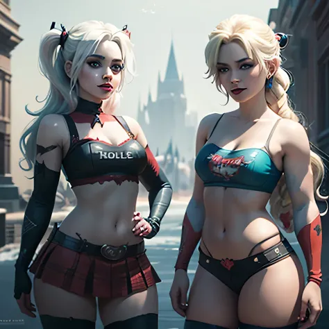 2 beautiful girls , 1 girl (Harley Quinn) from DC, 1 girl (Elsa) from frozen. modern clothes