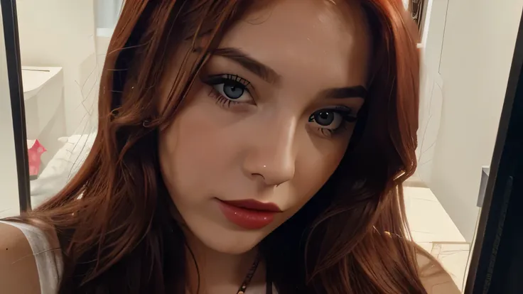 A 20-year-old beautiful European girl with detailed long red hair and gray eyes, wearing lip liner, eyeliner, and red lipstick, takes an iPhone camera selfie of herself in the sport. The selfie is a medium shot, and the girl has an ombre blonde-pink hair c...