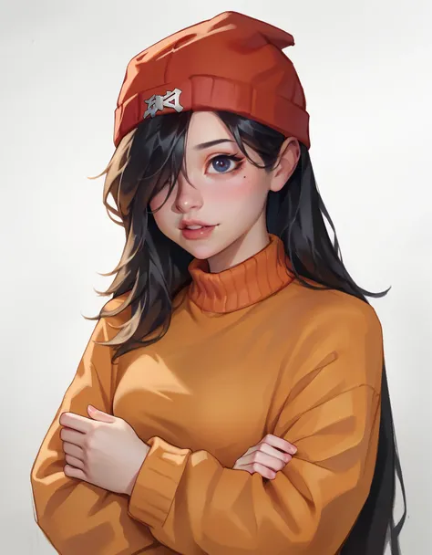 smudgy, traditional art, liu2, brush texture, score_9, score_8_up, score_7_up, 1girl, solo, orange sweater, black long hair, hair covering one eye, red knitted hat,
