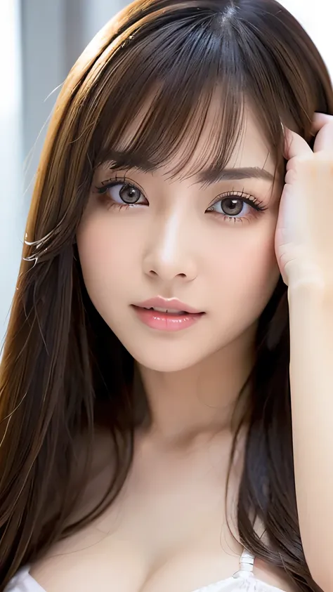 Unparalleled beauty, Shiny, firm, glowing skin, Bangs between the eyes, Beautiful luster, Super long wave platinum milk tea, Super long straight silky hair, eyeliner, sexlyで美しい無邪気な20歳, High resolution, Very bright and beautiful large shining light brown ey...