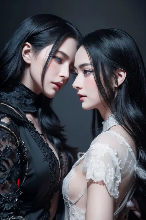 The white-haired figure places her hand gently on the cheek of the black-haired figure, who closes her eyes and leans into the touch, their expressions tender and affectionate.

"Photorealistic depiction of twin sisters with opposing color schemes, one wit...