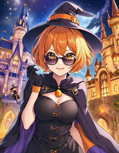 Beautiful confidence々Smiling adult woman、((Orange short hair))(Yellow Eyes)、(Dressed as a sexy witch)、Magic Castle Background、sunglasses