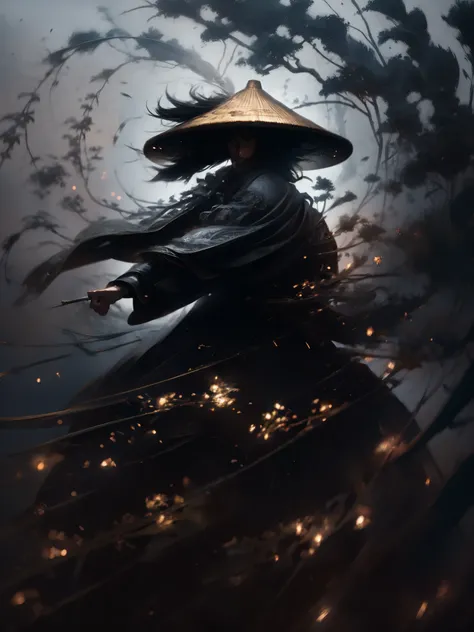 Painting, a Chinese warrior with his holding a sword, swirling cyclone, bamboo hat, super wide-angle lens, colorful arrangements, shiges visual aesthetic style, made of flowers, claire-obscure lighting, dark orange and teal, i cant believe how beautiful th...