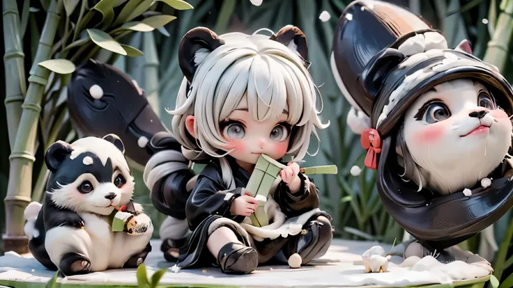 a cute panda_girl eating bamboo in a bamboo forest, snowing