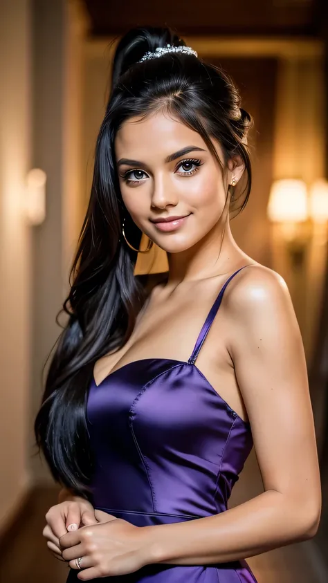 Realistic full body photo of a smiling black-haired young girl with long hair, ponytail hairstyle, She dances in front of the camera in a long A-line bridesmaid dress with straps made of shiny purple satin., Park,glamour fotoshooting, Wedding celebration, ...