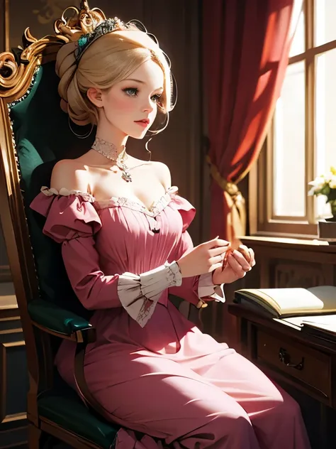 arafed woman in a pink dress sitting on a chair, rococo dress, dress in the style of rococo, rococo queen, 1 7 th century duchess, marie antoinette, rococo fashion, # rococo, 1 8 th century style, inspired by Jean-François de Troy, historical baroque dress...