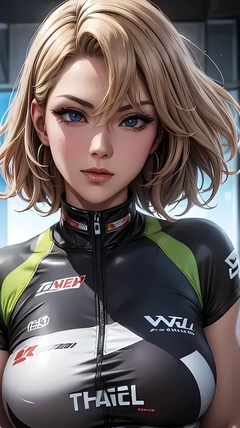 a beautiful detailed portrait of a female cosplay racer wearing a logo uniform, slim athletic body, large breasts, wet shiny skin, short white hair, tan skin, neon lights, large crowd of spectators, emperor formation, drag racing, summer racing circuit, ra...