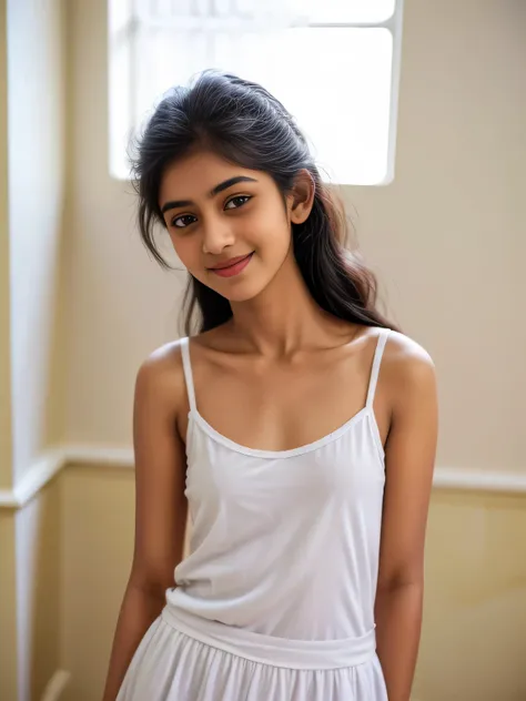 sri lanka teen  girl, wearing white clothes , (slim, small, flat, small), photorealistic, detail, skin texture, super detail, de...