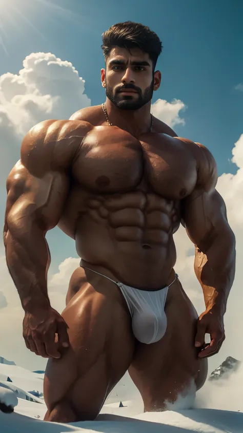 A handsome muscular Indian man is in a wonderland, 20 yo, It wears a rich white as snow with a very long pile, under which you can see his extremely muscular body, The emphasis is on the male body. Above his head is a halo surrounded by a white cloud and a...