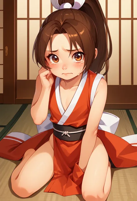 score_9, score_8_up, score_7_up, 1girl, solo, (loli), kid, flat chest, ponyshiranui, high ponytail, brown hair, brown eyes, japa...