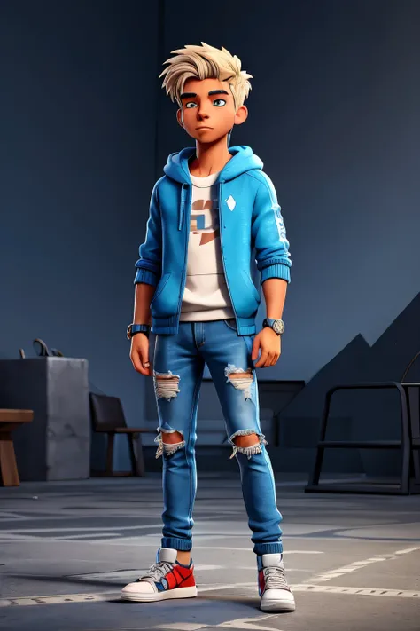 Create a detailed image of Zeus as a teenager in 2024. He should have a modern look, wearing contemporary streetwear: a stylish hoodie, ripped jeans, and trendy sneakers. His hair should be slightly messy but still powerful, and he might have subtle access...