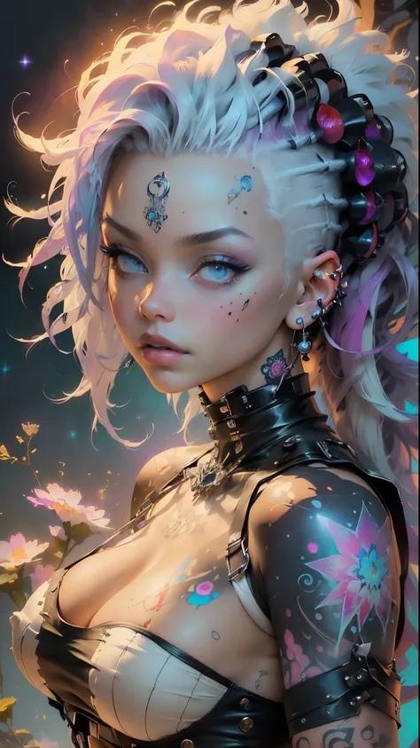 (​masterpiece, top quality, best quality, offcial art, Nice, cosmic, atmospheric, psychedelic, dreamlike and aesthetic:1.2), (1 girl, Platinum white punk rock mohawk, lots of tattoos and piercings, super huge, enormous huge tits), extremely detail,(Fractal...