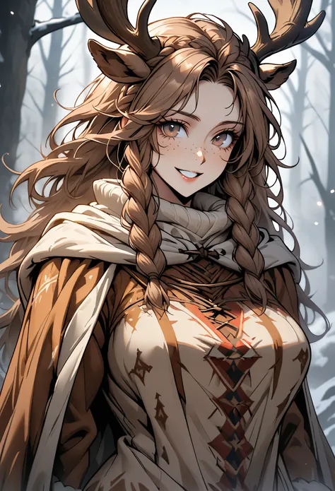 solo, female, close up, long brown hair, wild hair, deer antlers, huge woman, brown eyes, cape and winter clothes, winter, fores...