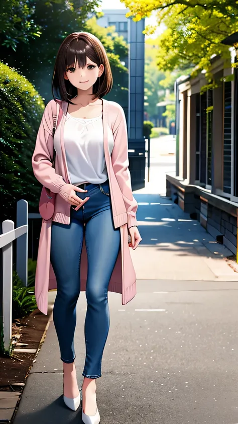 Ultra-high resolution, masterpiece, high quality, 8k, Japanese、Beautiful Mother、Age 35、Brown Hair, Long Bob Cut Hair、Loose waves、Elegant white blouse BREAK Light pink cardigan、jeans、pumps、A kind smile、background:Entrance to the park、Sunlight shines in、Full...