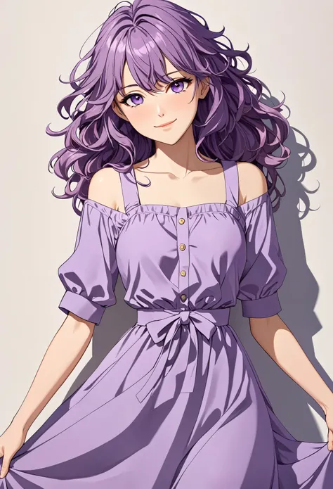 (masterpiece), (high resolution, 8k), (high detailed), women, lean body, (long waist length wavy messy hair, beautiful face, (close mouth:1.2), tired smile, amethyst casual dress, anime style, unaestheticXL_bp5, SimplePositiveXLv2