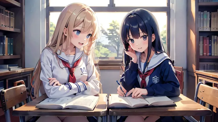 Create an anime-style image set in a bright and cozy library. The scene features two high school students, a boy and a girl, sitting side by side at a wooden desk. Both are wearing traditional Japanese high school uniforms—the boy is dressed in a white shi...