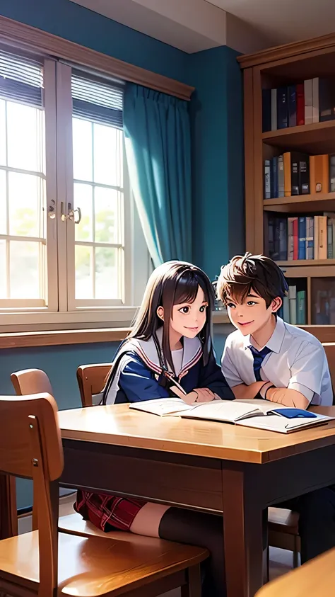 Create an anime-style image set in a bright and cozy library. The scene features two high school students, a boy and a girl, sitting side by side at a wooden desk. The boy is wearing a cutter shirt with a tie and pants, while the girl is dressed in a sailo...