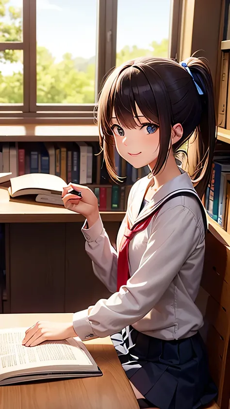 Create an anime-style image set in a bright and cozy library. The scene features two high school students, a boy and a girl, sitting side by side at a wooden desk. The boy is wearing a cutter shirt with a tie and pants, while the girl is dressed in a sailo...