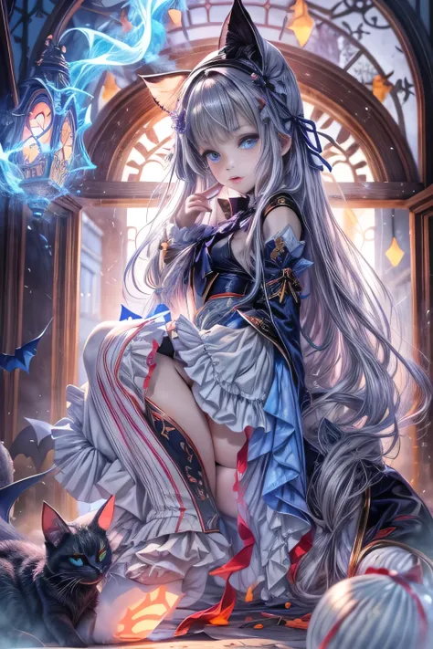 8k.Half Russian and half Japanese、Russian face、beautiful girl、princess、、Small face、Young face、Big eyes、Skinny、Small breasts、（（（Silver Hair、Silver Hair）））、With bangs、（（（High resolution big beautiful light blue eyes, ）））、Long Straight、（（（Red ribbon in hair、F...