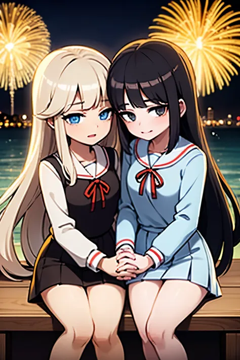 masterpiece, best quality, 2 girls, delicate face, at a fireworks festival, kissing, holding hands, long wavy hair, long flowing hair, big fireworks in background, person 1 light blonde hair, person 1 blue eyes, person 2 dark hair, person 2 dark black hair...