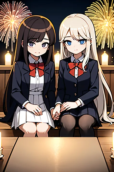 masterpiece, best quality, 2 girls, delicate face, at a fireworks festival, kissing, holding hands, long wavy hair, long flowing hair, big fireworks in background, person 1 light blonde hair, person 1 blue eyes, person 2 dark hair, person 2 dark black hair...