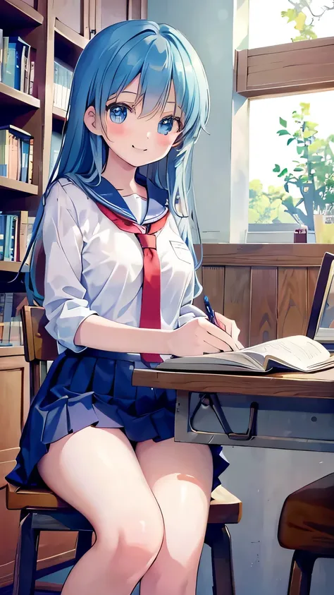 Create an anime-style image set in a bright and cozy library. The scene features two high school students, a boy and a girl, sitting side by side at a wooden desk. The boy is wearing a cutter shirt with a tie and pants, while the girl is dressed in a sailo...