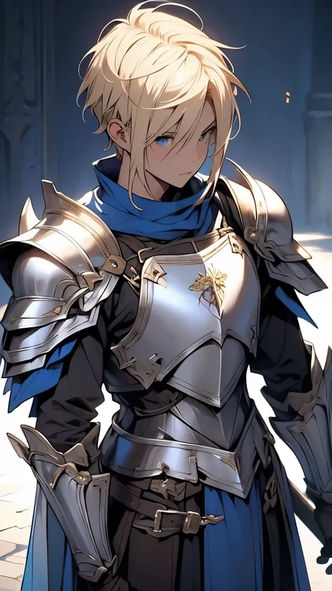 Blonde short hair、Male knight、prince、Blue armor、White decoration、Holding the Holy Sword