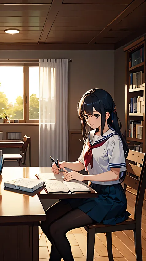 Create an anime-style image set in a bright and cozy library. The scene features two high school students, a boy and a girl, sitting side by side at a wooden desk. The boy is wearing a cutter shirt with a tie and pants, while the girl is dressed in a sailo...