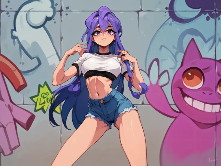Masterpiece , Excellent quality , high resolution , 1 woman , Long Lilac Hair , White crop top , Jean Shorts , abdomen , big breasts , Long legs , hands on hips , Graffiti wall