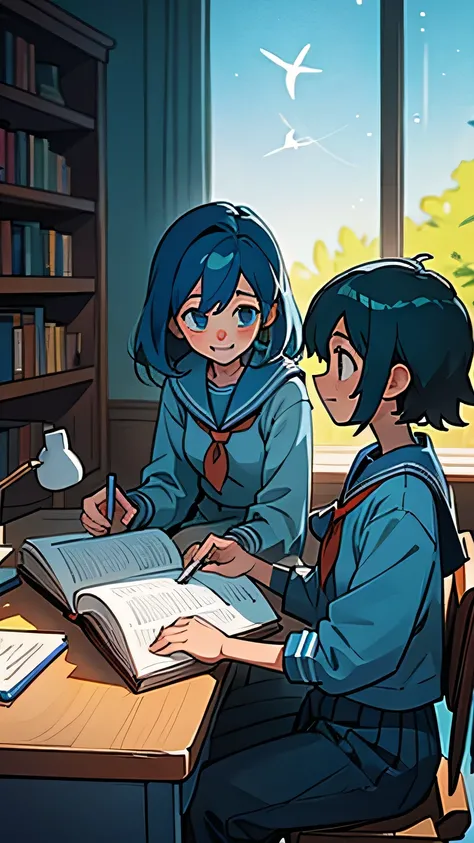 Create an anime-style image set in a bright and cozy library. The scene features two high school students, a boy and a girl, sitting side by side at a wooden desk. The boy is wearing a cutter shirt with a tie and pants, while the girl is dressed in a sailo...