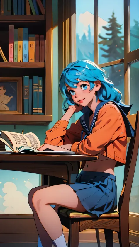 Create an anime-style image set in a bright and cozy library. The scene features two high school students, a boy and a girl, sitting side by side at a wooden desk. The boy is wearing a cutter shirt with a tie and pants, while the girl is dressed in a sailo...