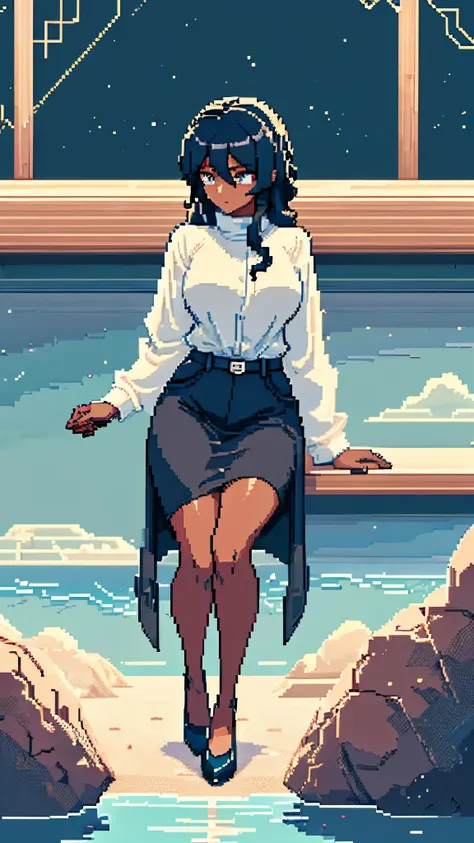 a woman with dark skin and curly hair . ela se inspira na personagem jill stingray, with a look of determination and curiosity. ...