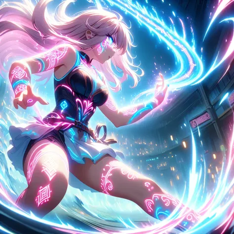 Action scenes,battle,Anime Screenshots、 Artistic anime illustration of a woman adorned with glowing neon magic tattoos all over her body and face。 The tattoos on his arms and legs are a mix of pink, blue and white runes.、It emits a neon light。 She has long...