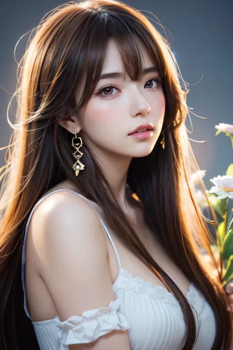 anime girl with long brown hair and earrings, Holding a flower, detailed digital anime art, Ross draws a portrait, digital anime illustration, stunning anime face portrait, detailed portrait of an anime girl, work in Guweiz style, rossdraws digital paintin...