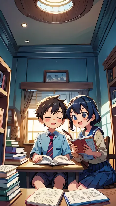 Create an anime-style image set in a bright and cozy library. The scene features two high school students, a boy and a girl, sitting side by side at a wooden desk. The boy is wearing a cutter shirt with a tie and pants, while the girl is dressed in a sailo...