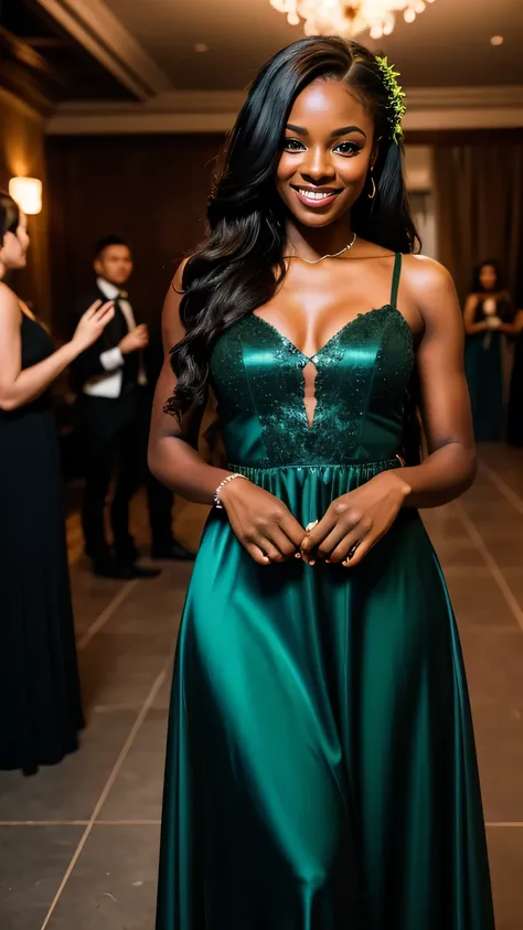 Realistic full body photo of a smiling, young black girl with long hair, black skin, She dances in front of the camera in a long A-line bridesmaid dress with straps made of shiny green satin., Park,glamour fotoshooting, Wedding celebration, perfect anatomy...