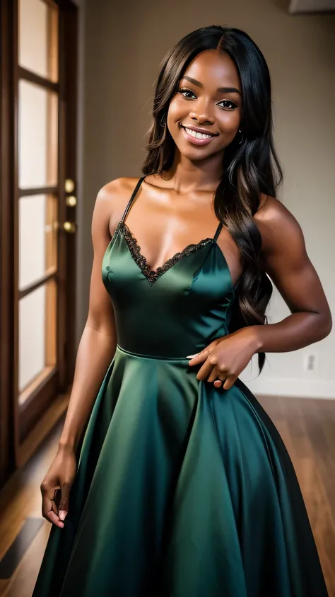 Realistic full body photo of a smiling, young black girl with long hair, black skin, She dances in front of the camera in a long A-line bridesmaid dress with straps made of shiny green satin., Park,glamour fotoshooting, Wedding celebration, perfect anatomy...