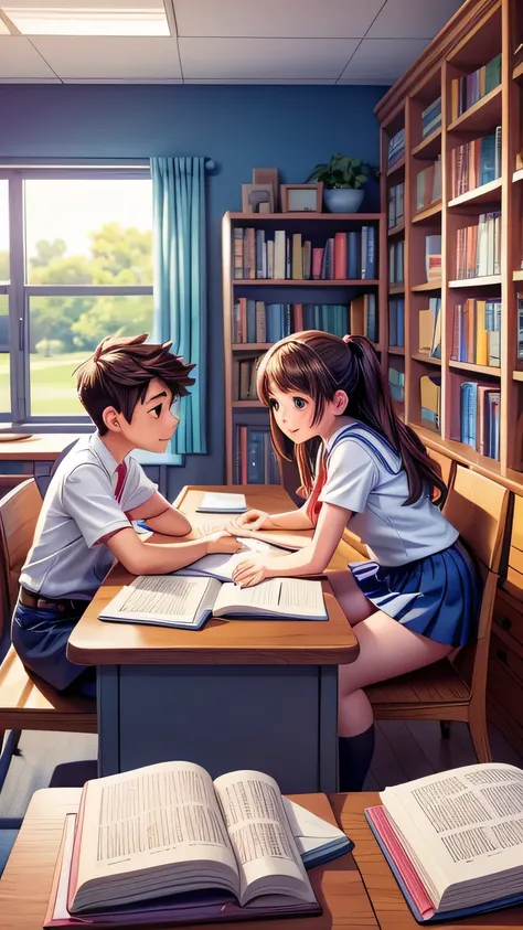 Create an anime-style image set in a bright and cozy library. The scene features two high school students, a boy and a girl, sitting side by side at a wooden desk. The boy is wearing a cutter shirt with a tie and pants, while the girl is dressed in a sailo...