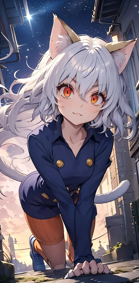 silver hair, short and curly hair, cat ears, red eyes, large pupils, intense eyes, double eyelids, slender eyebrows, long eyelas...