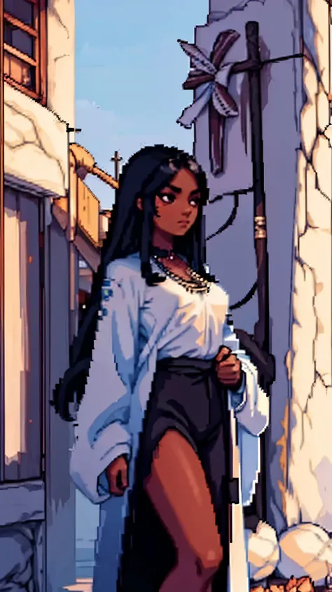 a portrait with a woman with dark skin and long beautiful  hair with a look of determination and curiosity with a cocktail in ha...