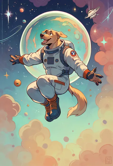 , furry, dog, golden labrador, falling through space, vintage props floating in air, space background, wearing dog space suit, vibrant colors