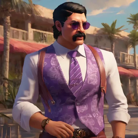 (obra maestra, Mejor calidad:1.2), 1 chico, thenahualli, serious, dangerous man, elegant, elegante, he is a gangster, white suit, purple shirt, walking, outdoor, Hawaii, (((realistic, detailed, photorealistic)))