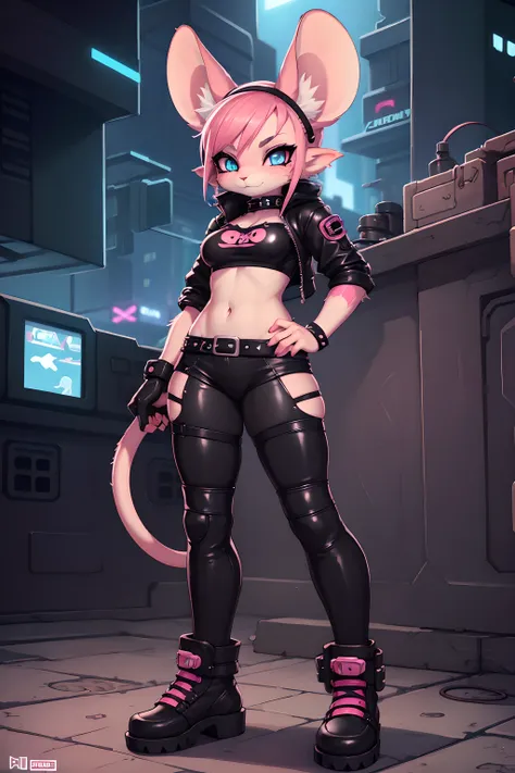 mouse woman in a leather outfit with a pink mouse on her head, dressed in punk clothing, cyberpunk cat, dressed in crustpunk clothing, mechanic punk outfit, diesel punk female, elfpunk, attractive mouse girl, cyberpunk mouse folk engineer, beautiful young ...