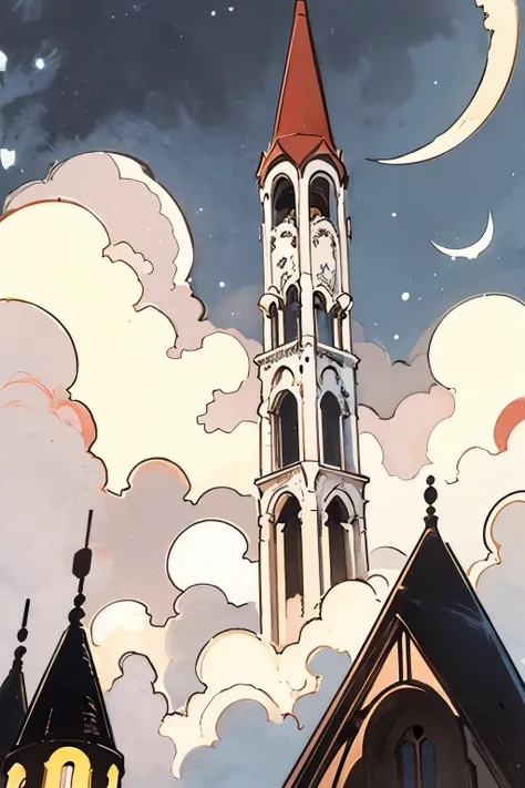 a bell tower and a tower seen from below, clouds, red enamel moon surrounded by white, night sky clouds near the moon, village, night, surreal atmosphere.