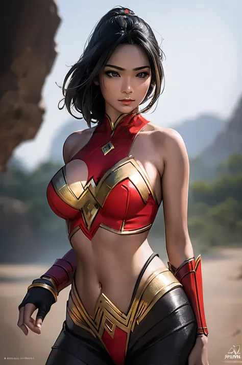 photorealistic, high resolution, 1women, solo, hips up, look at viewer, (detailed face), wonder woman indonesian costume, indone...