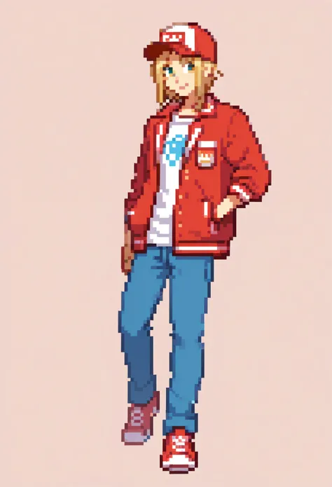 full body, plain background, terry bogard, 1boy, male, blonde, baseball cap, white shirt, red jacket, smiling, blue jeans, 