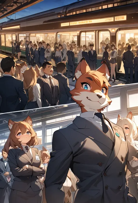 top quality, best quality, High-quality illustrations, masterpiece, super high resolution, detailed background, station, train, station shop, student, salary, suits, evening, 6+boys, 6+girls, absurdres(highly detailed beautiful face and eyes)perfect anatom...