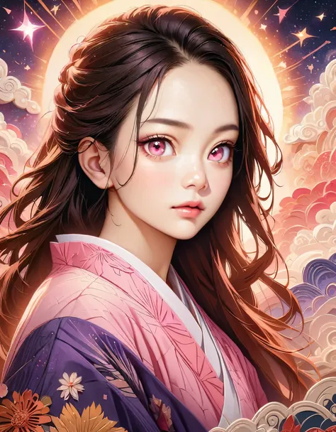 (masterpiece, best quality:1.2), Embossed paper, Solitary，Black LightNezuko from demon slayer. a young woman with long dark hair, (pink eyes), beautiful detailed eyes, beautiful detailed lips, extremely detailed face, longeyelashes, wearing a pink kimono, ...